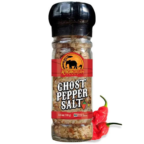 African Dream Foods - Sal picante de pimienta fantasma | Sal de chile totalmente natural | Fabricado con pimientos fantasma africanos | 3.5 onzas