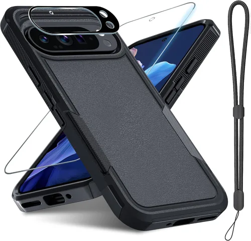 Janmitta Funda para Google Pixel 9 Pro XL con protector de pantalla + protector de lente de cámara + correa de muñeca, resistente a prueba de NEGRO