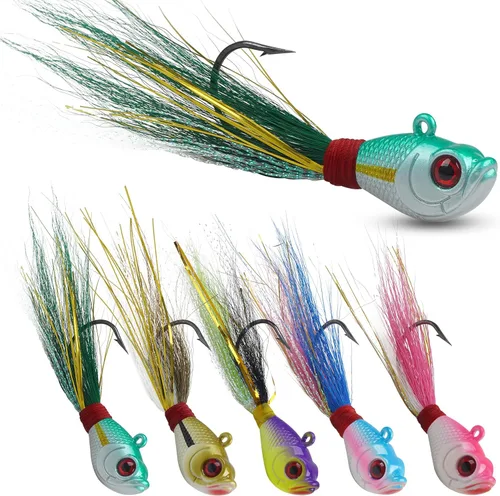Bucktail Jigs - Señuelo de agua salada para platija de bajo, 5 piezas de cola de cubo para cabello de cola de cubo, anzuelos de cola de cubo para