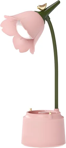 DLHONORV - Bonita lámpara LED de escritorio kawaii, lámpara de mesa con pájaros de flores, recargable por USB, 3 modos de color, atenuación