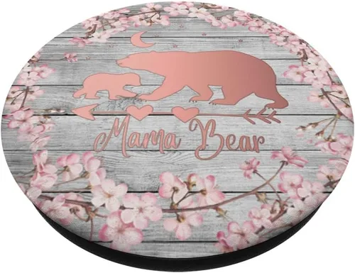 Miniatura 2 de Cherry Blossoms Rose Pink Mama Bear One Cub Vintage Gray PopSockets Grip and Stand para teléfonos y tabletas, Negro