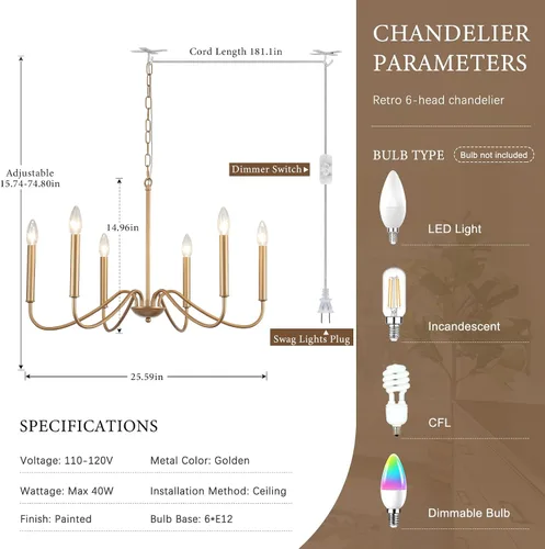 Miniatura 2 de Candelabro de 6 luces enchufables, lámpara colgante con cable de enchufe de 15.1 pies e interruptor, candelabros dorados enchufables para comedor