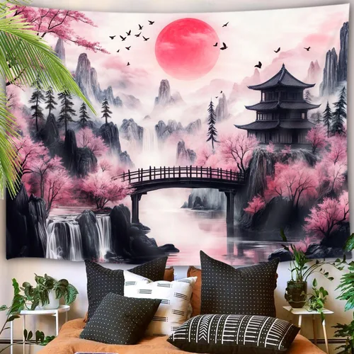 Miniatura 4 de Viajar Japanese Cherry Blossom Tapestry, Pink Sakura Landscape Wall Hanging with Red Moon Pagoda Bridge Waterfall, Asian Aesthetic Wall Decor for