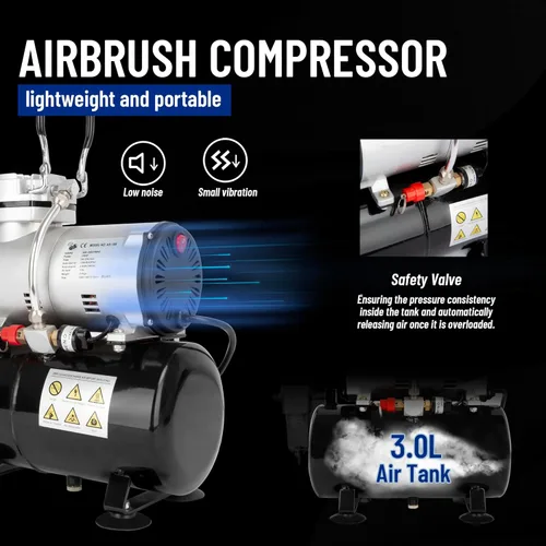 Miniatura 2 de Timbertech Compresor de aerógrafo, mini compresor AS186 sin aceite de un solo pistón de alto rendimiento con tanque de 3L, regulador, trampa
