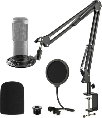 Audio Technica AT2020 - Soporte de micrófono AT2020, soporte de tijera de suspensión con soporte de amortiguador, filtro pop, abrazadera resistente