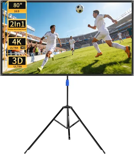 WASJOYE Pantalla Proiector de 80 pulgadas con soporte, pantalla de proiector portátil HD 16:9 4K, pantalla de proyector interior de 1.2 ganancia,