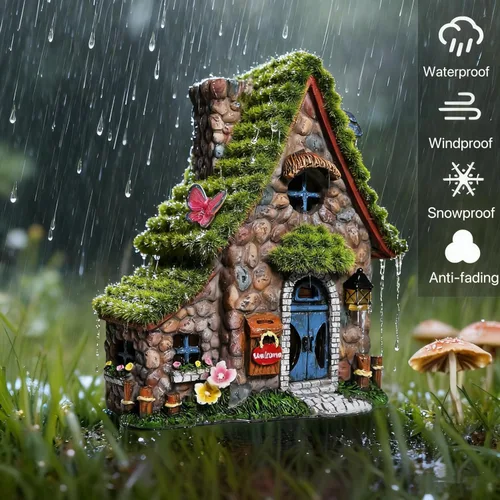 Miniatura 10 de Estatuas de casa de hadas de resina ASAWASA con luces solares, esculturas de jardín divertidas con decoración flocada y adoquinada, exquisitas