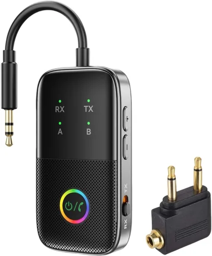 Receptor transmisor Bluetooth para TV/avión, admite 2 auriculares con AptX adaptativo/baja latencia, adaptador de audio inalámbrico auxiliar de
