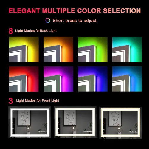 Miniatura 2 de Snowdool Espejo LED para baño, 28 x 36 pulgadas con retroiluminación RGB de 8 colores + 3 luces delanteras (ajustables individualmente), antiniebla