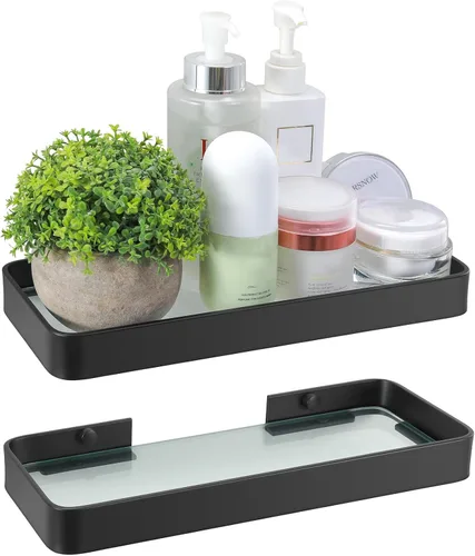Z metnal Estantes de baño de vidrio templado, estante flotante negro mate para pared, estante de pared para organizador de baño, marco de aluminio,