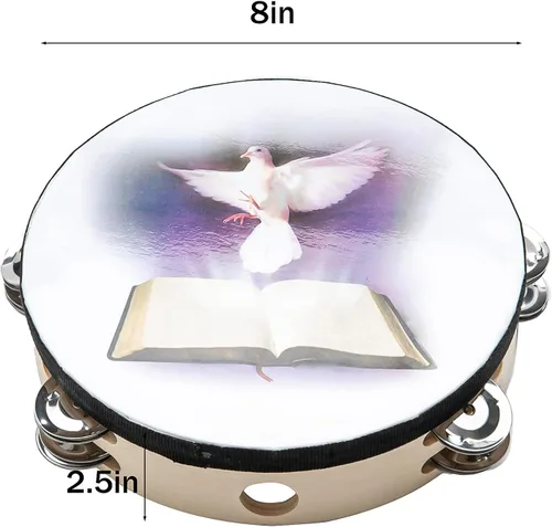 Miniatura 5 de Musfunny Pandereta de Cascabeles Dove Bible de Doble Fila de 8 Pulgadas para Adultos, Pandereta de Campana de Mano Tambor de Palmadas para Oración