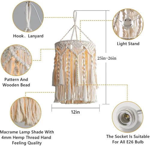 Miniatura 6 de Bioaqua Pantalla de Lámpara Boho, Lámpara Colgante Boho Hecha a Mano Pantalla de Lámpara de Macramé con Enchufe Luz Colgante, Luces Colgantes Type3