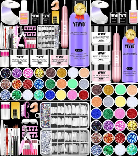 Miniatura 8 de Juego de uñas acrílicas con taladro y luz UV, juego de uñas para principiantes con todo incluido, set de 24 polvos acrílicos de brillo con monómero