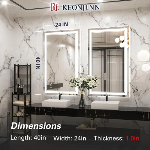Miniatura 4 de Keonjinn Espejo LED para baño de 39.76 x 24.01 pulgadas, espejo de baño frontal y retroiluminado con luces, vidrio templado HD, 3 luces