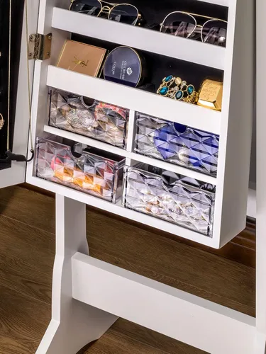 Miniatura 6 de LUXFURNI Armario de joyería con luz LED, espejo de pie, organizador de almacenamiento grande con cerradura y cajones (blanco)