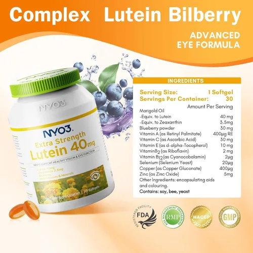 Miniatura 3 de NYO3 Luteína y zeaxantina de 40 mg con arándano, vitaminas para los ojos y suplemento mineral, multivitaminas para la salud ocular y la visión
