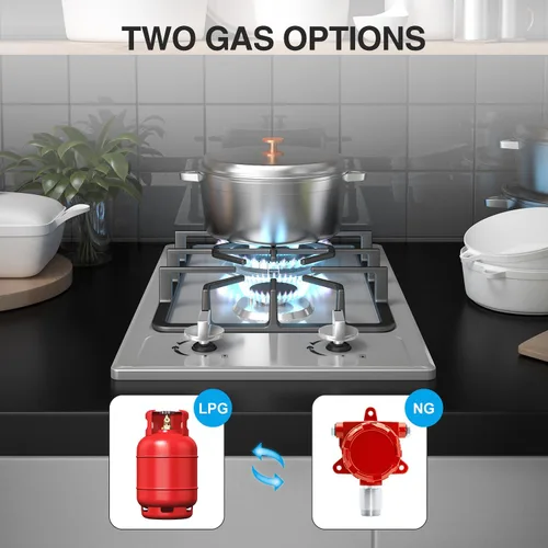 Miniatura 5 de ANHANE - Estufa de cocina a gas, 2 quemadores, portátil de acero inoxidable de 12 pulgadas, combustible dual GLP/NG, estufa de gas integrada, ideal