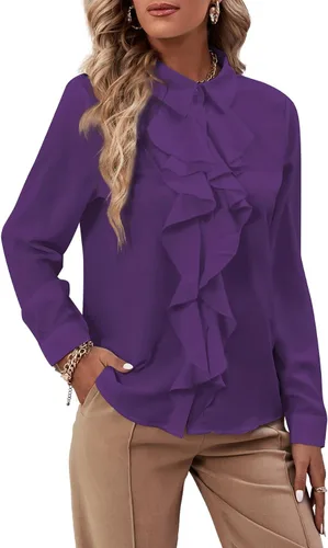 Miniatura 12 de LYANER - Blusa de manga larga con cuello de botón y volantes en la parte delantera para mujer
