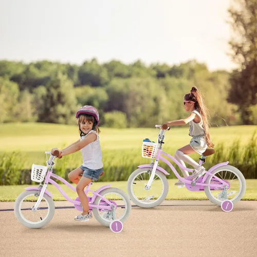 Miniatura 9 de BABY JOY Bicicleta para niños, 12, 14, 16, 18, 20 pulgadas, con asiento ajustable, cesta extraíble, freno de mano y freno de posavasos, ruedas
