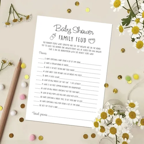 Miniatura 4 de Family Feud - Juego de baby shower, paquete de 30 tarjetas, clave de respuestas, decoraciones de género neutro, suministros de juego