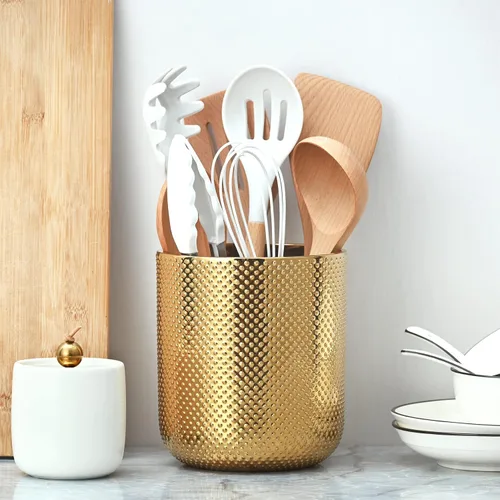 Miniatura 4 de Soporte para utensilios de cerámica para encimera de cocina, soporte dorado para encimera, 5.1 pulgadas de ancho x 6.6 pulgadas de alto