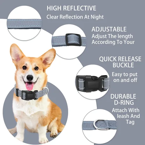 Miniatura 2 de collar reflectante para perro con hebilla de seguridad con cierre, collares de nylon ajustables, suaves y transpirables para perros pequeños, Gris