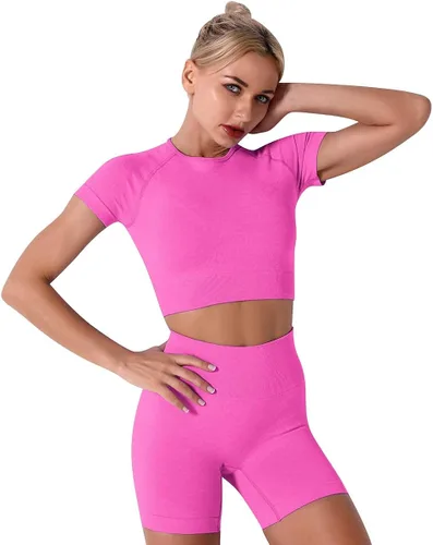 Miniatura 6 de Conjuntos de 2 piezas sin costuras para yoga y entrenamiento - con ombliguera de manga corta y pantalones cortos de tiro alto para correr