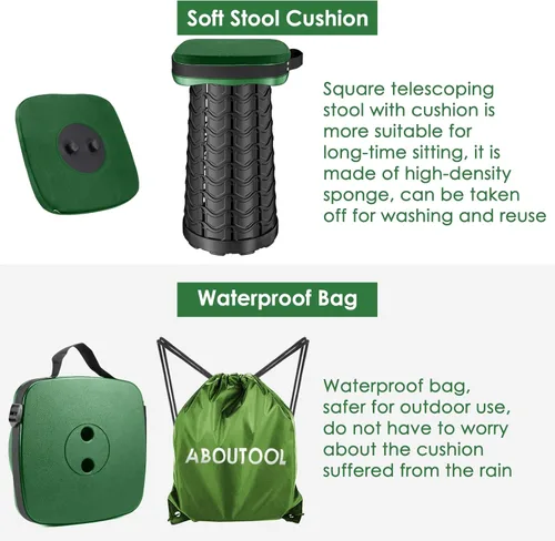 Miniatura 7 de aboutool Taburete plegable para campamento, taburete portátil plegable cuadrado con cojín de asiento elástico y bolsa de nailon ajustable, Verde