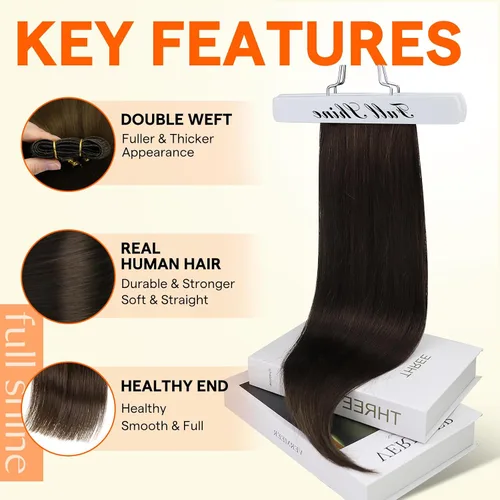 Miniatura 2 de Full Shine Extensiones de cabello humano, 18 pulgadas, mechones de trama, color #2 castaño oscuro, 3.5 onzas, cabello Remy para coser, doble trama