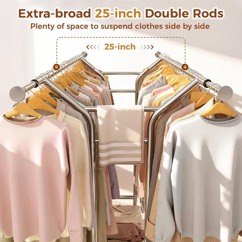 Miniatura 5 de Luxspire Perchero resistente con carga de 650 libras, percheros de ropa de doble barra para colgar ropa, estantes de ropa rodantes con ruedas