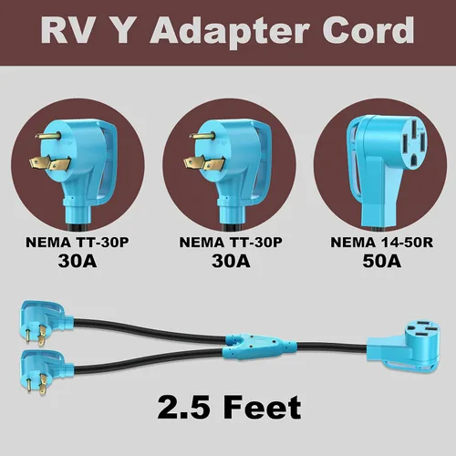 Miniatura 2 de CircleCord Cable adaptador en Y para RV con certificación ETL, dos de 30 amperios a 50 amperios, enchufe macho NEMA TT-30P a hembra 14-50R con mango