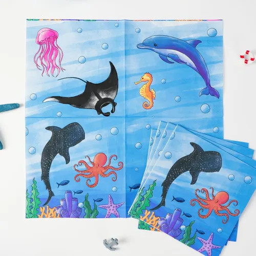Miniatura 4 de WERNNSAI Decoraciones de fiesta de cumpleaños del océano, 64 platos y servilletas de tiburón, tazas bajo el mar, decoraciones de cumpleaños