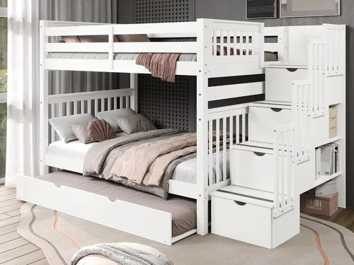 Miniatura 11 de Bedz King Literas de escalera de tamaño matrimonial sobre matrimonial con 4 cajones en los escalones y un nido completo, color gris Cerezo oscuro