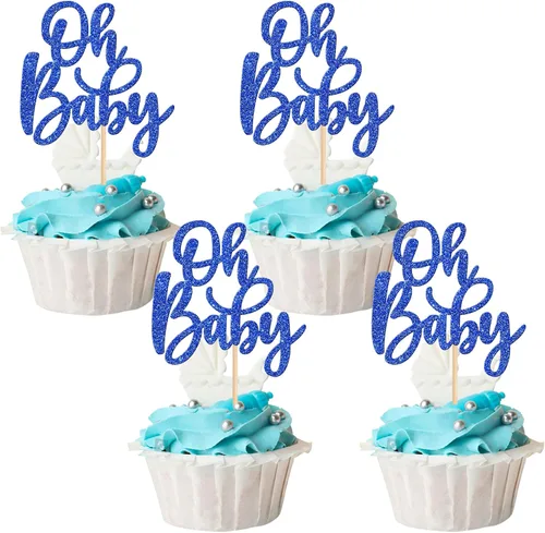 Miniatura 15 de 24 piezas Oh Baby Cupcake Toppers Glitter Baby Shower Cupcake Picks Reveal Género Decoración de Pasteles para Baby Shower Niños Niñas Fiesta de Azul