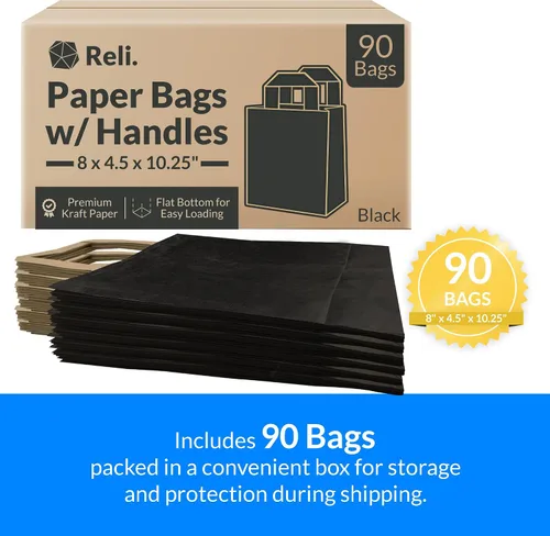 Miniatura 3 de Reli. Paquete de 90 8 x 4.5 x 10.25 pulgadas Bolsas de papel negras con asas Pequeñas bolsas de regalo/bolsas de compras Regalos, compras