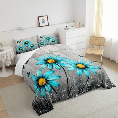 Miniatura 4 de Feelyou Daisy - Juego de ropa de cama tamaño individual para niños y niñas, estampado floral botánico, juego de edredón natural para niños, juego