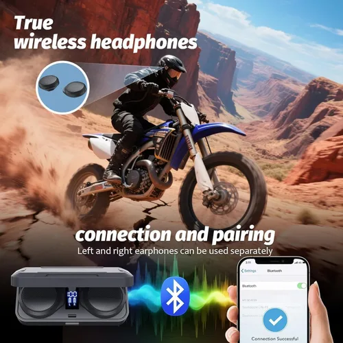 Miniatura 2 de Auriculares Bluetooth para motocicleta con estuche de carga, altavoz Bluetooth para casco con micrófonos y control remoto, batería de 1900 mAh, 50
