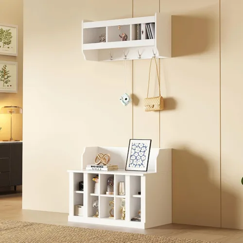 Miniatura 10 de Banco de almacenamiento para zapatos con estantes y 4 ganchos, árbol de pasillo de entrada con armarios para zapatos y perchero