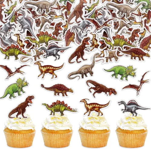 Miniatura 9 de Ercadio Paquete de 32 adornos para cupcakes de dinosaurios de dibujos animados, lindos dinosaurios para bebé, temática de dinosaurio, baby shower
