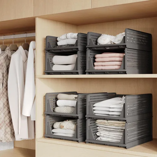 Miniatura 2 de Pinkpum Paquete de 5 organizadores plegables de armario, cesta de plástico apilable para ropa, contenedor de almacenamiento de estantes para Negro