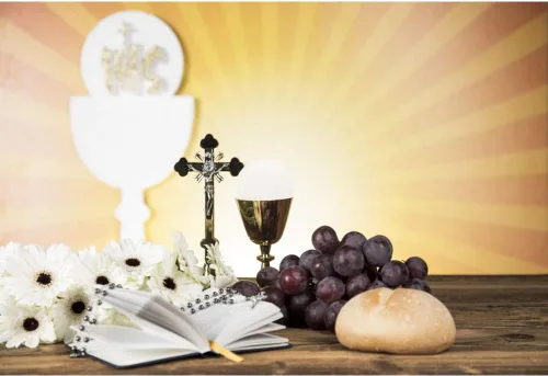 Miniatura 4 de Telón de fondo de poliéster de 5 x 3 pies para fiesta de bautismo, primera comunión, cruz, grial, uvas, pan, cruz dorada, Dios bendiga fotografía