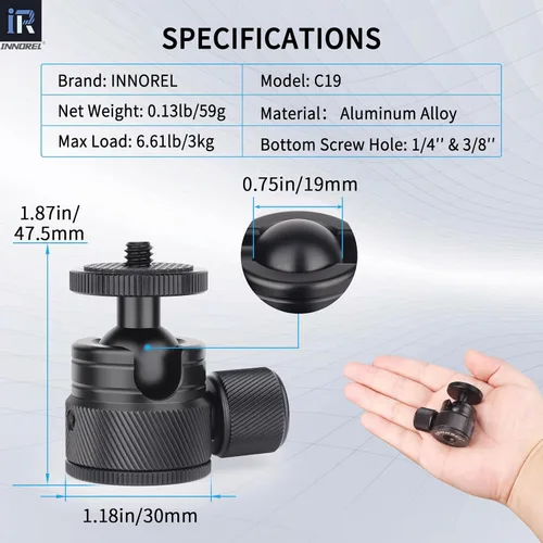 Miniatura 2 de Cabeza de bola mini-INNOREL C19 Montaje de trípode-CNC Metal de bajo perfil Cabeza de bola 360° Pan 90° Inclinación Montaje de trípode con adaptador