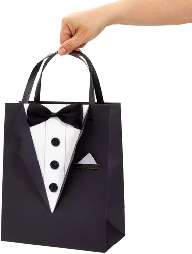 Miniatura 5 de Sparkle and Bash Bolsas de regalo para padrinos de boda con diseño de esmoquin 3D, pajarita de satén y botones reales, color negro, paquete de 6, 8
