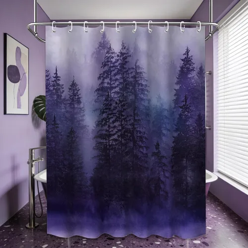 Miniatura 22 de Cortina de ducha estrecha para hombre, diseño de bosque negro y gris, para casa rodante, juego de decoración de baño, tela impermeable con ganchos