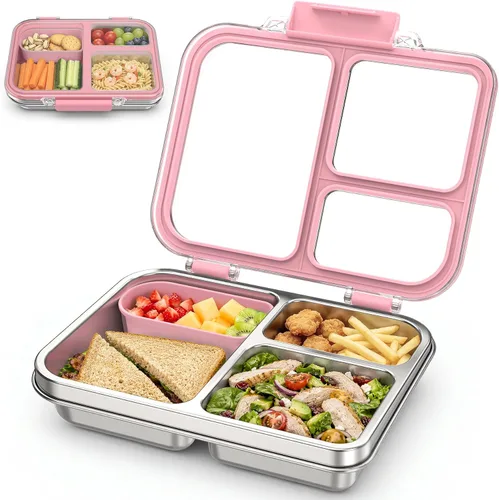 Miniatura 10 de Lonchera Bento de acero inoxidable para niños, lonchera metálica de 3 compartimentos con tapa transparente y silicona extraíble, lonchera para niños