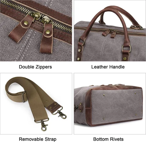 Miniatura 24 de S-ZONE - Bolsa de viaje de lona sobredimensionada con adornos de cuero genuino, bolsa deportiva de hombro de fin de semana, bolso de fin de semana