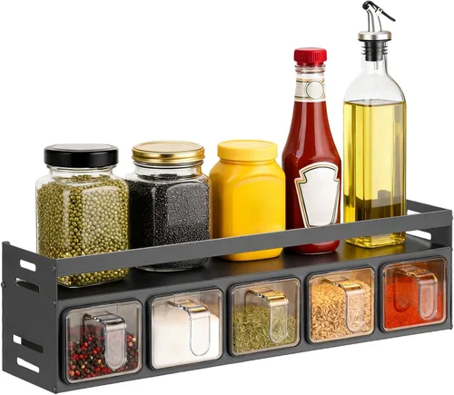 Miniatura 10 de Estante de especias de cocina, organizador de cocina y estante de almacenamiento con 4 cucharas, organización de especias para gabinetes, pared