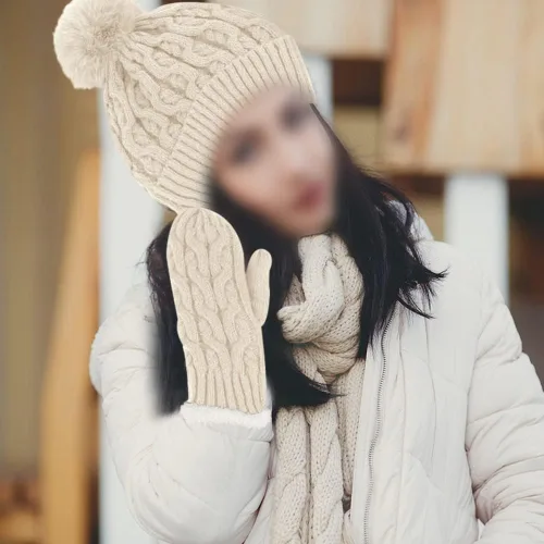 Miniatura 2 de OLizee Conjunto de bufanda y mitones de invierno para mujer, gorro de punto de calavera con pompones de piel sintética