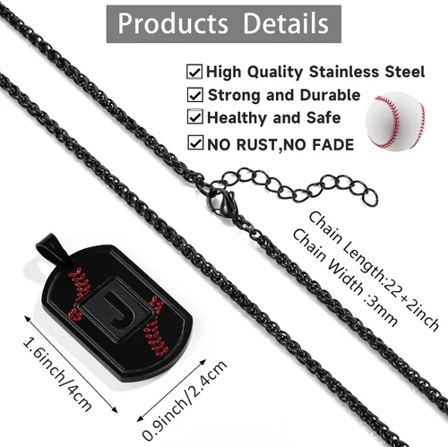 Miniatura 6 de Fervia Graduation Gifts - Baseball Initial Necklace for Men Dog Tag Stainless Steel Letter Pendant Sport Baseball Athletes Jewelry Christmas