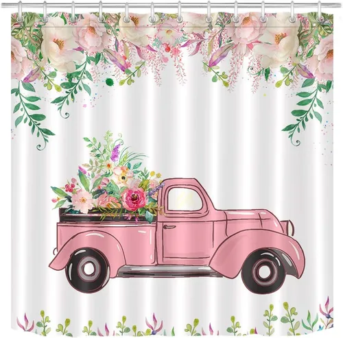 Miniatura 9 de LB Cortina de ducha de hojas verdes azules para baño, hojas botánicas de primavera con flores moradas sobre fondo blanco, acuarela, tela